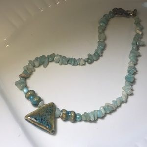 Handmade pale aqua/green/brown natural stone necklace w/stoneware pendant